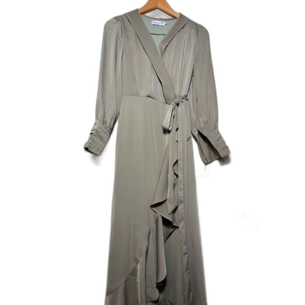 Veiled Collection Wrap Front Maxi Dress Modest Sage Green size XS satin formal